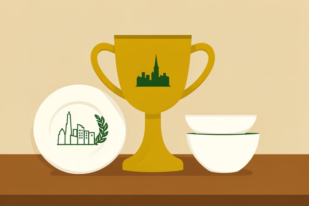 Trofeo dorato su un tavolo di legno con piatto e ciotole, simbolo del premio Avolta Legend Award assegnato a Bottura e Gilmor