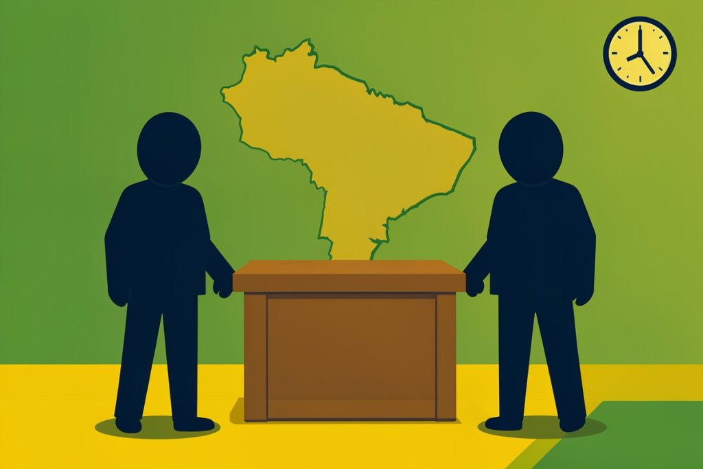 Due sagome stilizzate ai lati di un'urna, con la sagoma del Brasile sullo sfondo, per il ballottaggio presidenziale