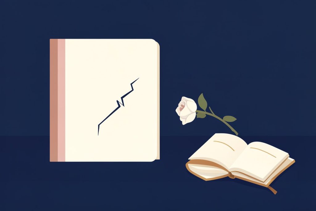 Illustrazione piatta di un libro aperto accanto a una crepa su una superficie chiara, con una rosa bianca e un diario