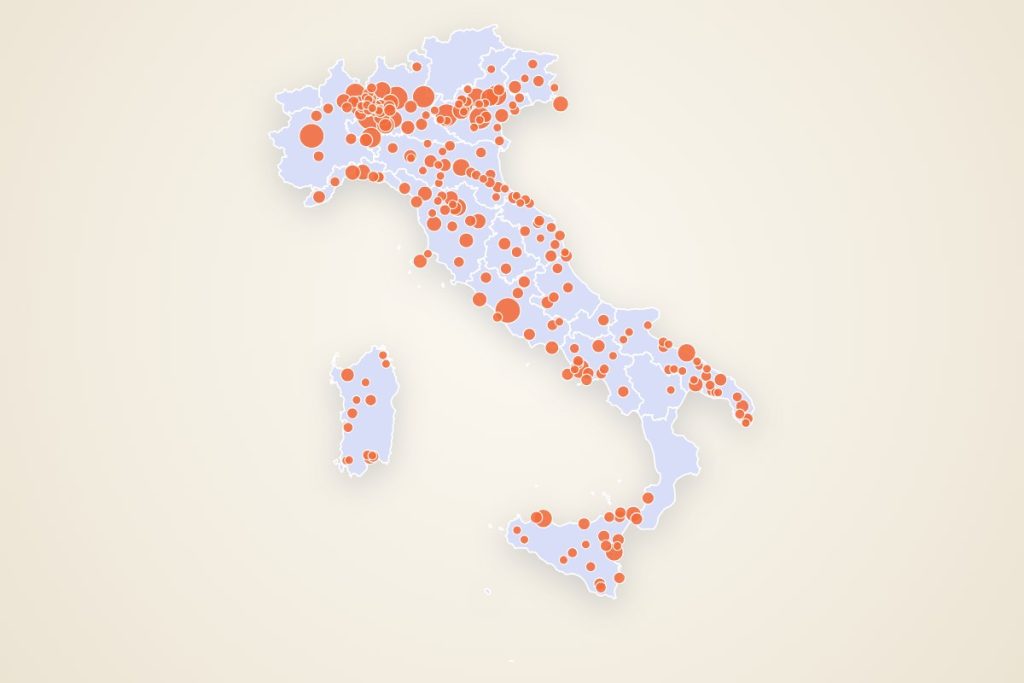 Mappa dell'Italia con le città in cui si tengono corsi ITS Academy: i punti più grandi indicano le città con più corsi, come Milano, Roma e Torino.