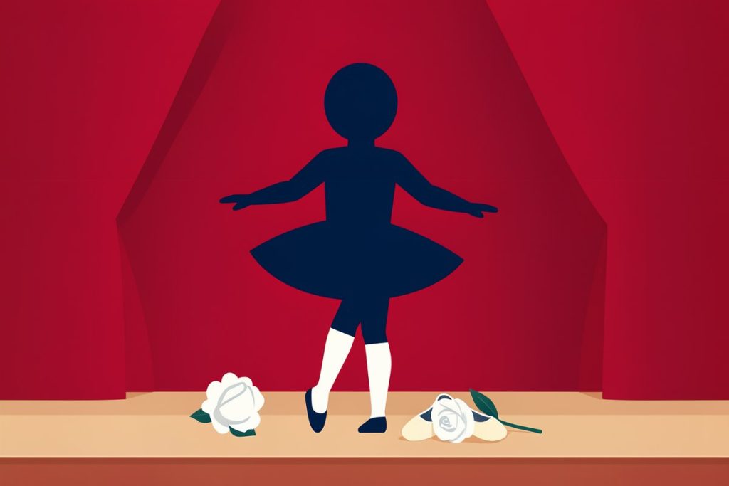 Illustrazione piatta di una figura di danza su un palco con sipario rosso, accanto a una rosa bianca e a scarpette da punta