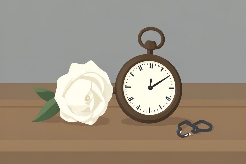Una rosa bianca accanto a un vecchio orologio da tasca fermo su un tavolo di legno, simbolo di un ricordo.