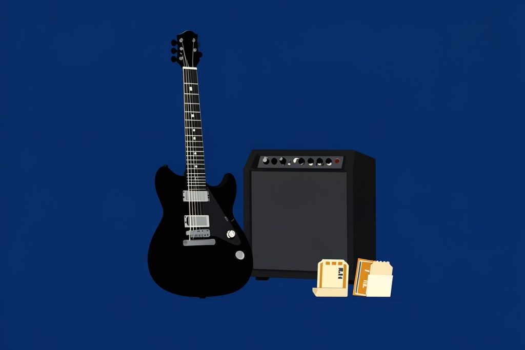 Una chitarra elettrica appoggiata a un amplificatore accanto a tre biglietti su sfondo blu