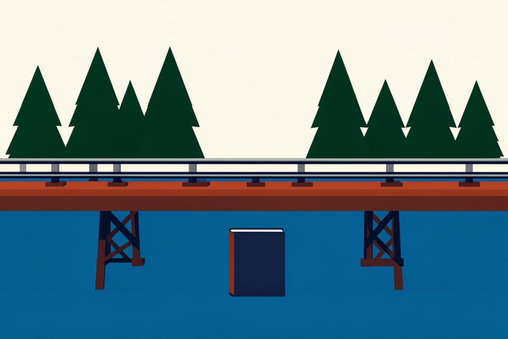 Un lungo ponte ferroviario di legno sopra un fiume, con un libro chiuso in primo piano, tra boschi stilizzati.