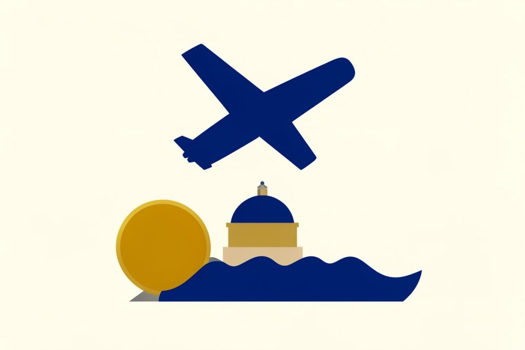 Illustrazione di un aereo che sale sopra simboli del mare, del sole e di una cupola italiana, su sfondo crema.