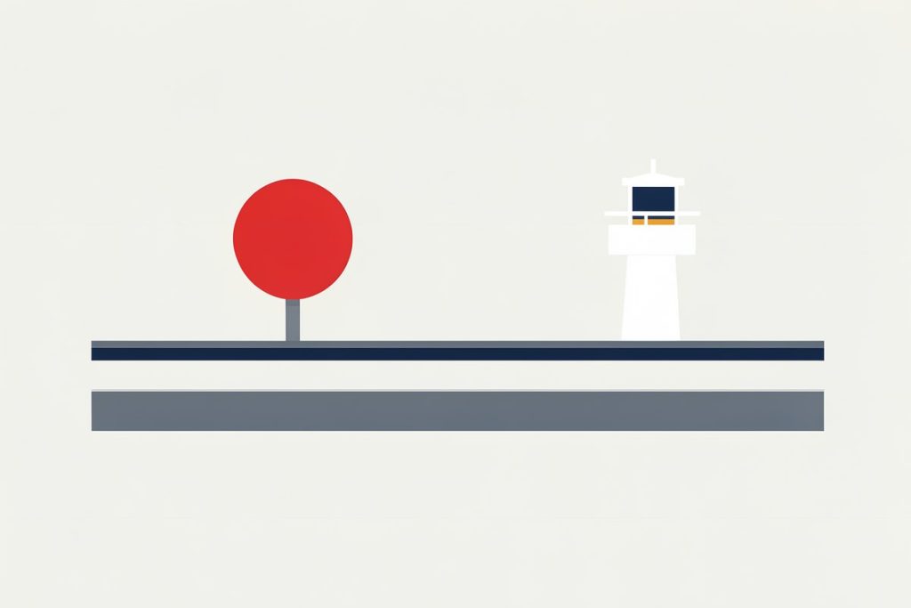 Due linee ferroviarie parallele con un segnale rosso accanto a una torre di controllo, su sfondo chiaro.