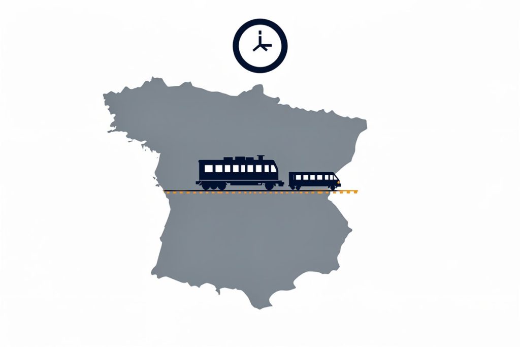 Mappa stilizzata della Spagna con due treni sulla stessa linea tra Madrid e Siviglia, uno fermo e uno in arrivo.