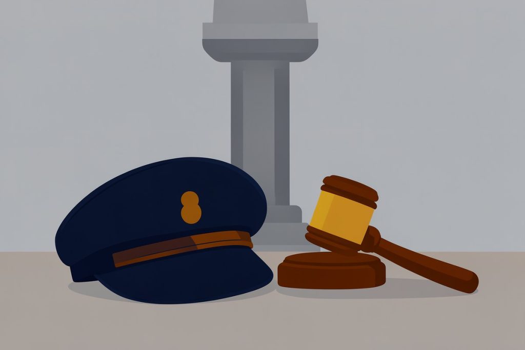 Un berretto da carabiniere e un martelletto di giudice su un tavolo, davanti a una colonna di tribunale stilizzata.